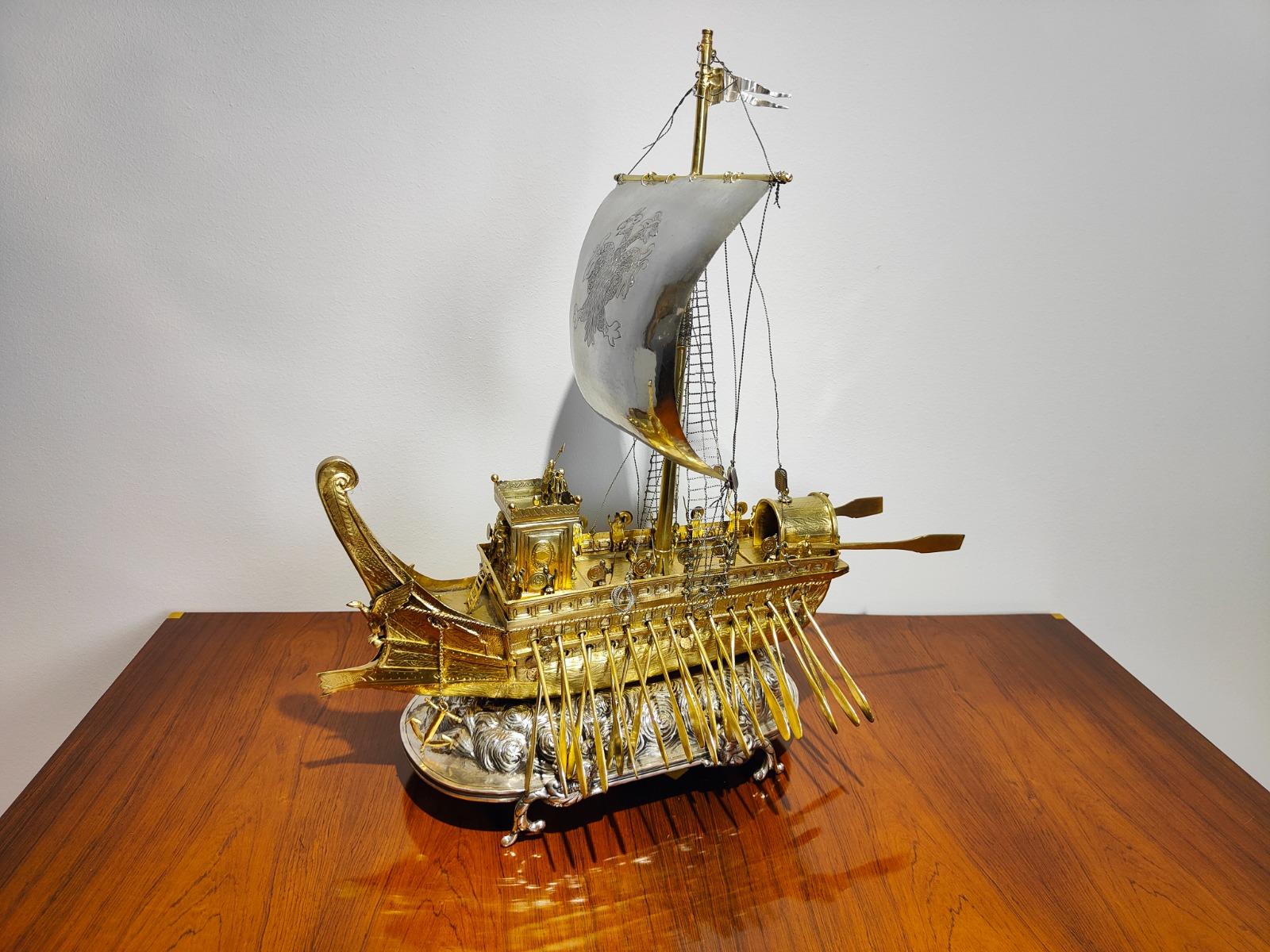 18th Century, Spanish Silver Roman Bireme Automaton Ship 
