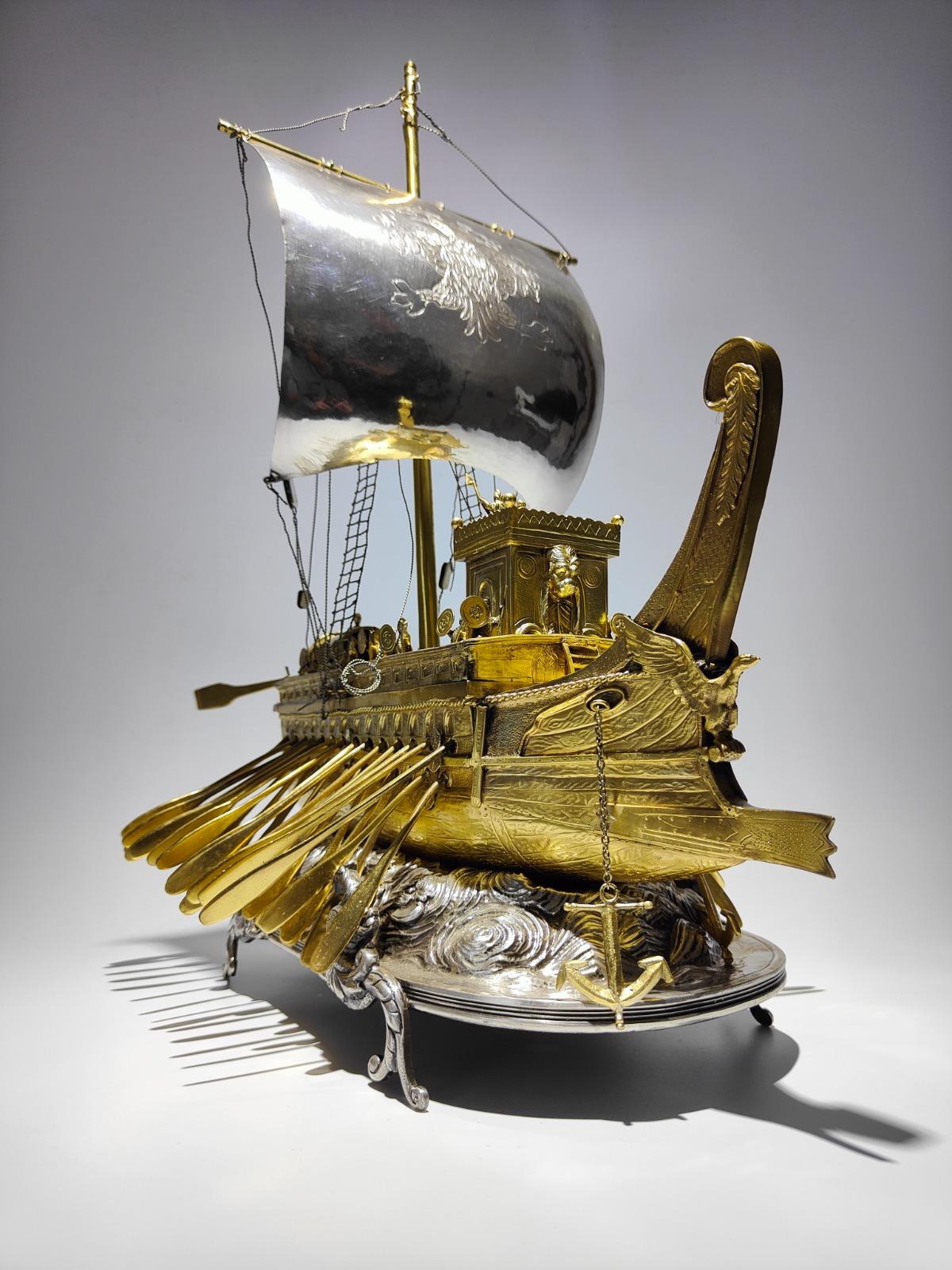 Spanisches silbernes römisches Bireme-Automatikschiff „ Nef“ aus dem 18. Jahrhundert 9