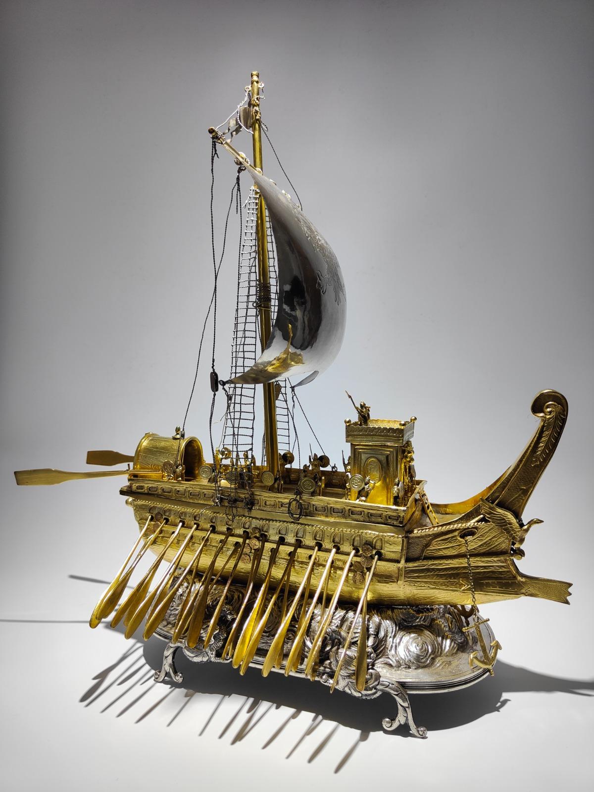 18th Century Spanish silver Roman Bireme Automaton Ship Nef
Antique 18th century Spanish solid silver model of a ship, called a 