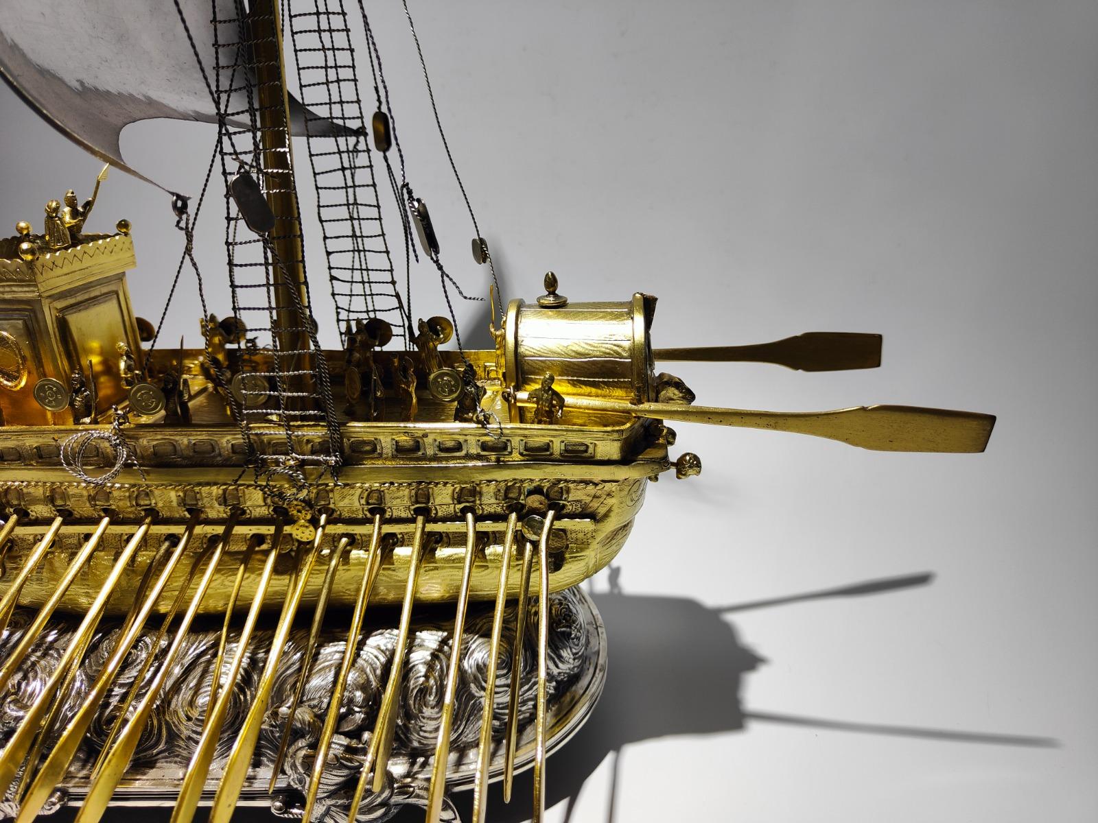 Spanisches silbernes römisches Bireme-Automatikschiff „ Nef“ aus dem 18. Jahrhundert (Barock)