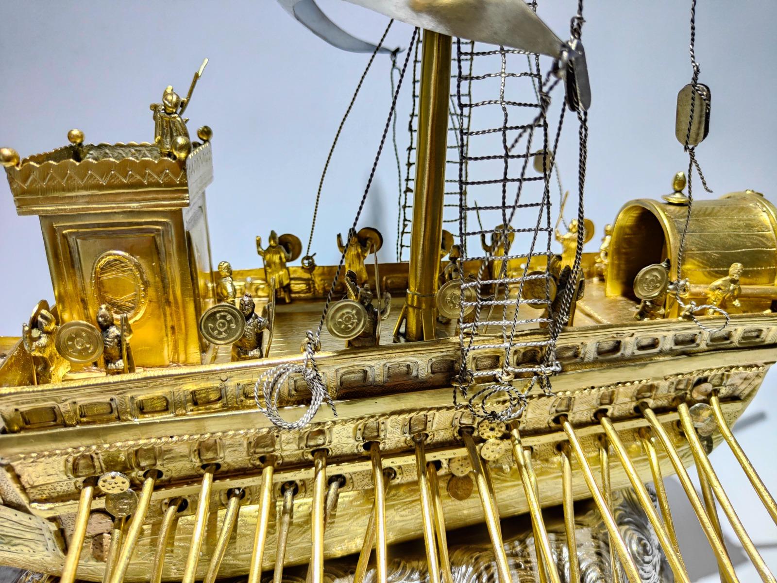 Hand-Crafted 18th Century, Spanish Silver Roman Bireme Automaton Ship 
