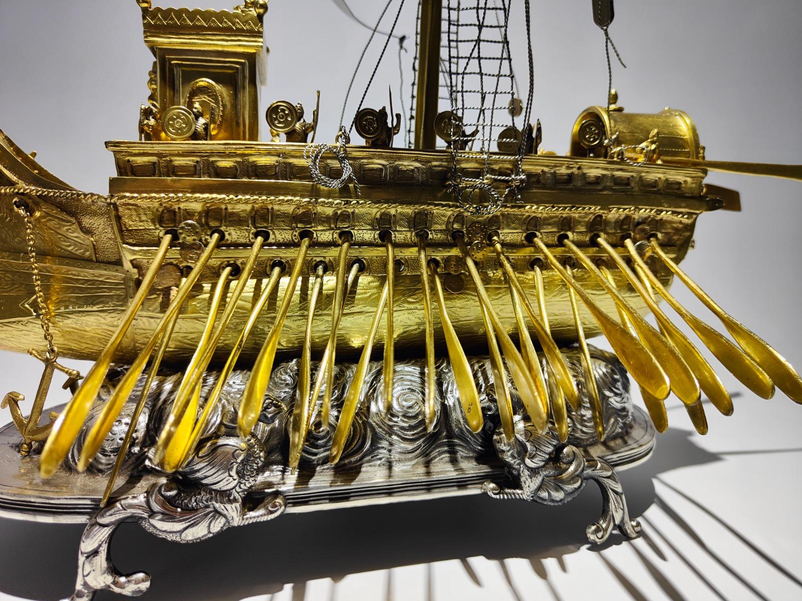 18th Century and Earlier 18th Century, Spanish Silver Roman Bireme Automaton Ship 