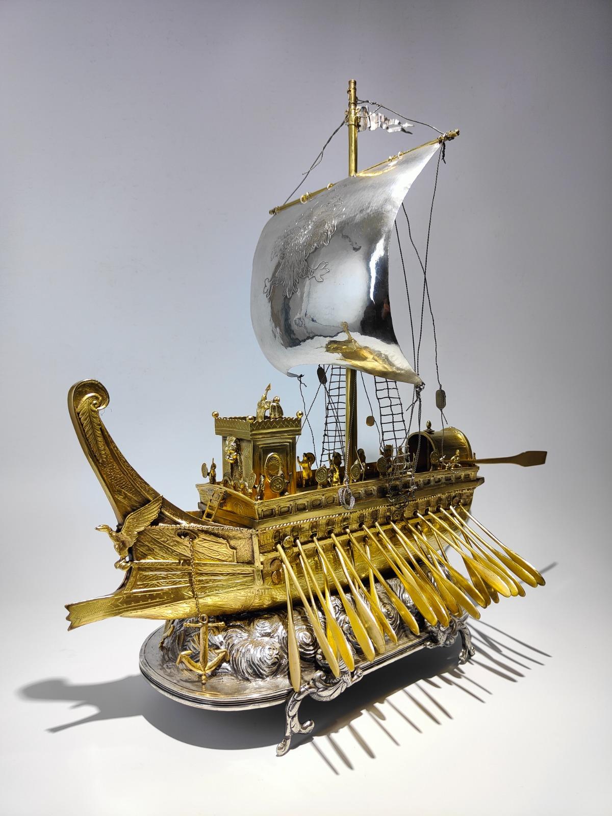 18th Century, Spanish Silver Roman Bireme Automaton Ship 