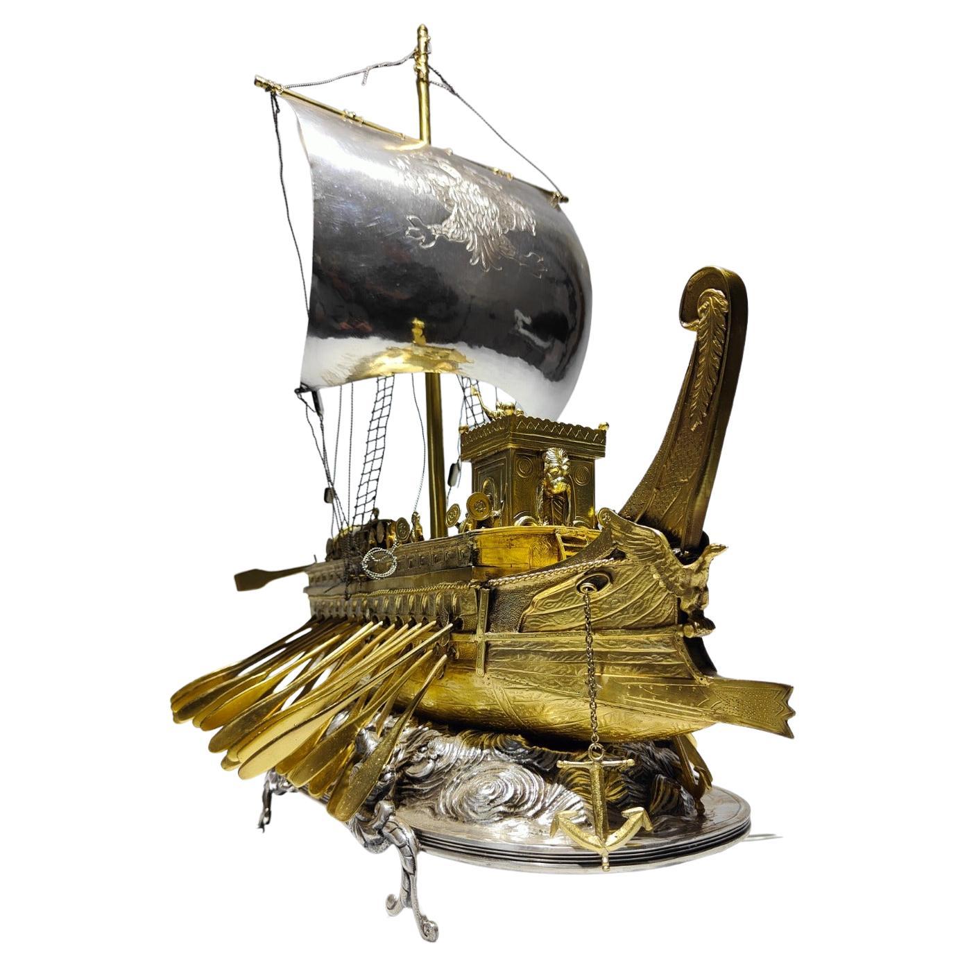 18th Century, Spanish Silver Roman Bireme Automaton Ship "Nef"