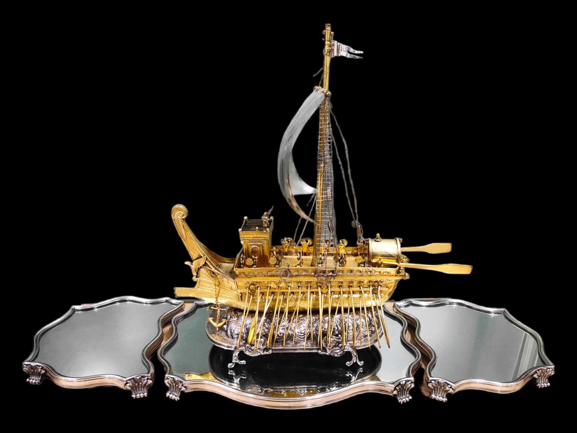 18th Century, Spanish Silver Roman Bireme Automaton Ship 