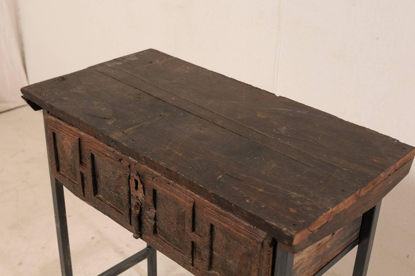 18th Century Spanish Single Drawer Chest of Rustic Carved Walnut Wood and Iron 1