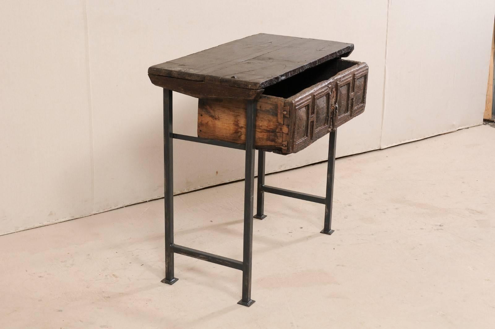 18th Century Spanish Single Drawer Chest of Rustic Carved Walnut Wood and Iron 2