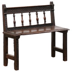 18th Century Spanish Spindle Back Carved Wood Bench, Cute