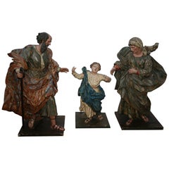 18th Century Spanish St Joachim & Anne with Child Virgin Mary Wooden Sculptures