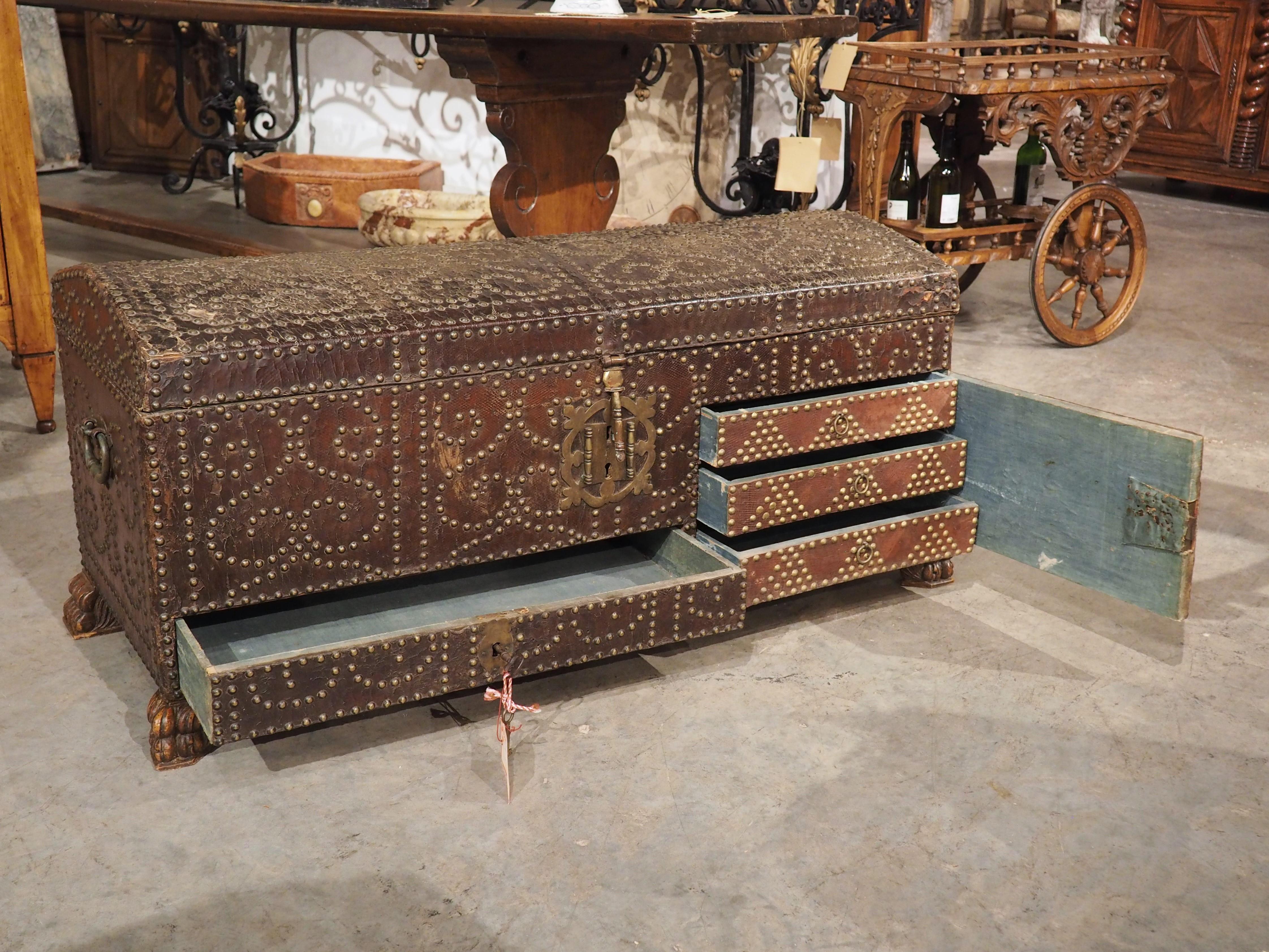 18th Century Spanish Studded Leather Trunk with Lockable Compartments For Sale 13