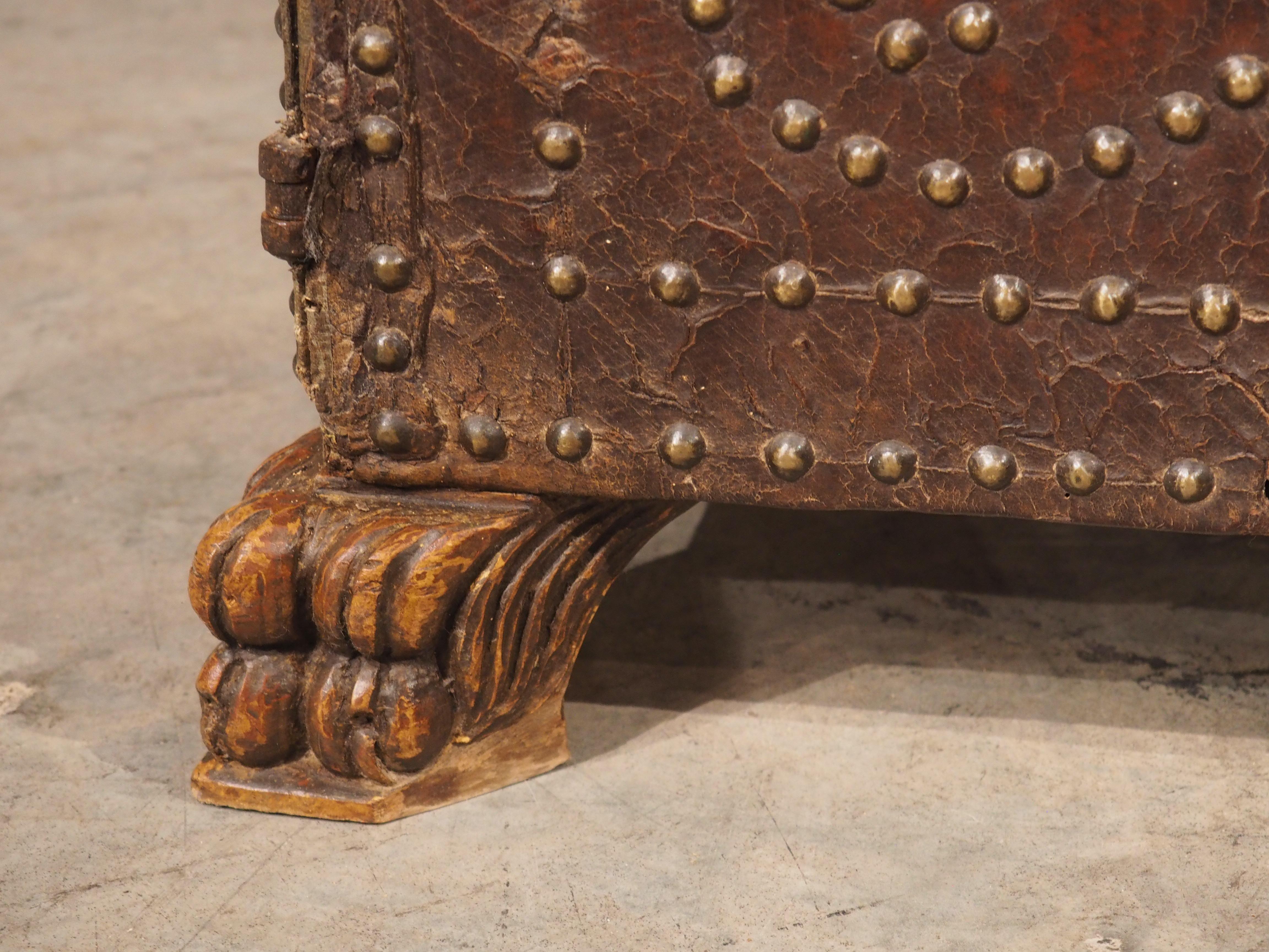 Hand-Carved 18th Century Spanish Studded Leather Trunk with Lockable Compartments For Sale