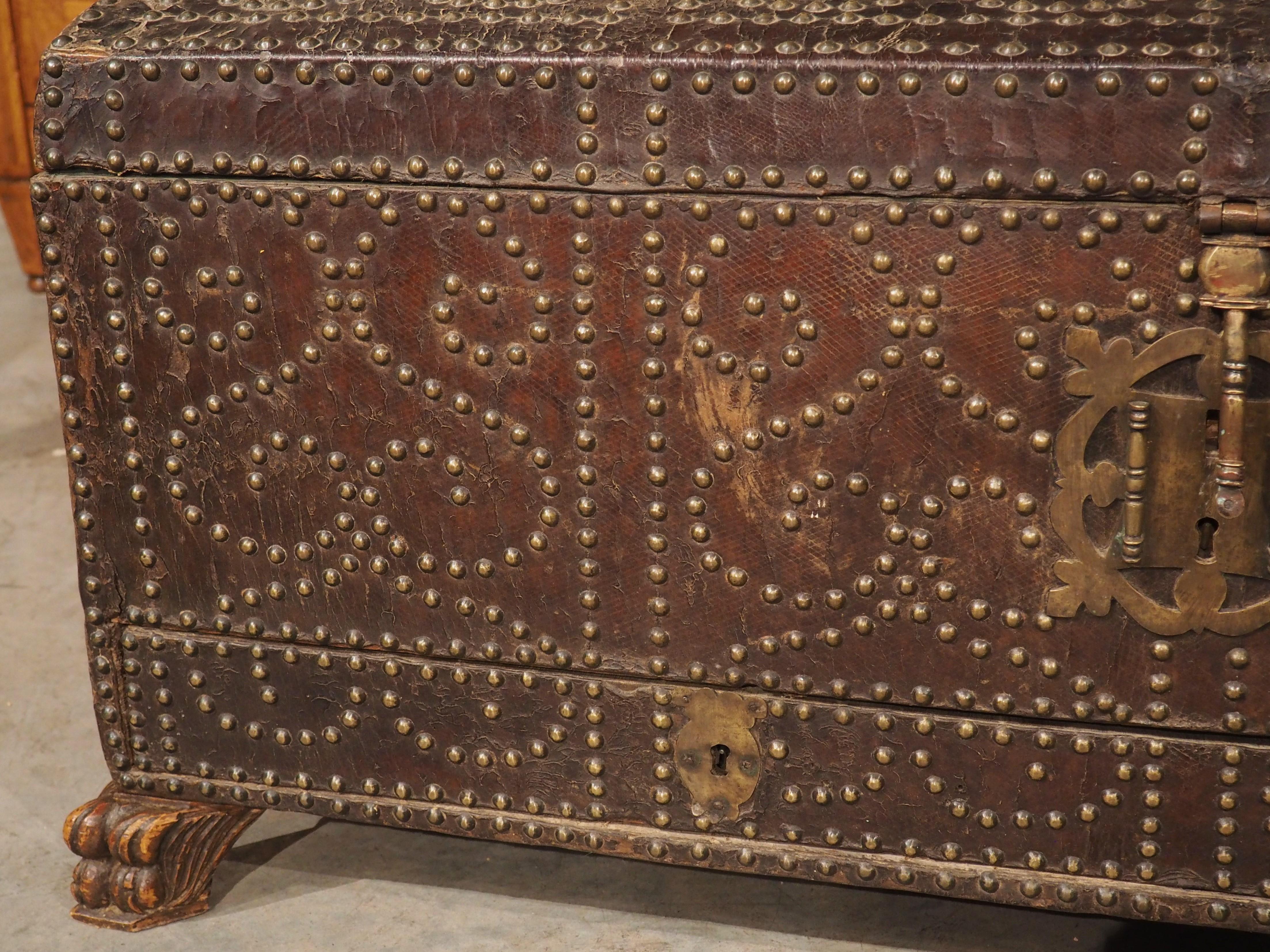 18th Century and Earlier 18th Century Spanish Studded Leather Trunk with Lockable Compartments For Sale