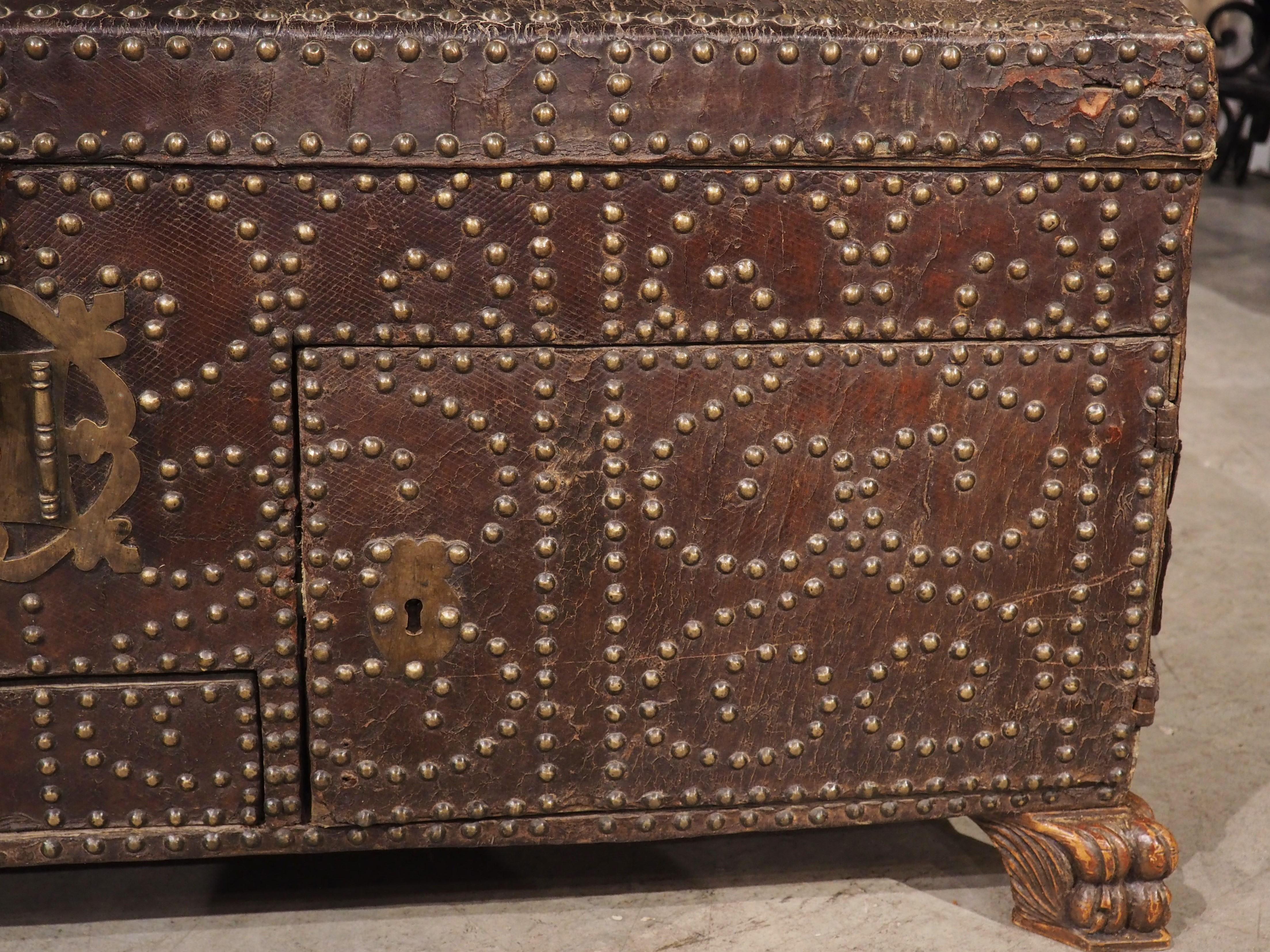 Metal 18th Century Spanish Studded Leather Trunk with Lockable Compartments For Sale
