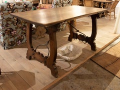 18th Century Spanish Table in Walnut with Lyre Legs Joined with Original Iron