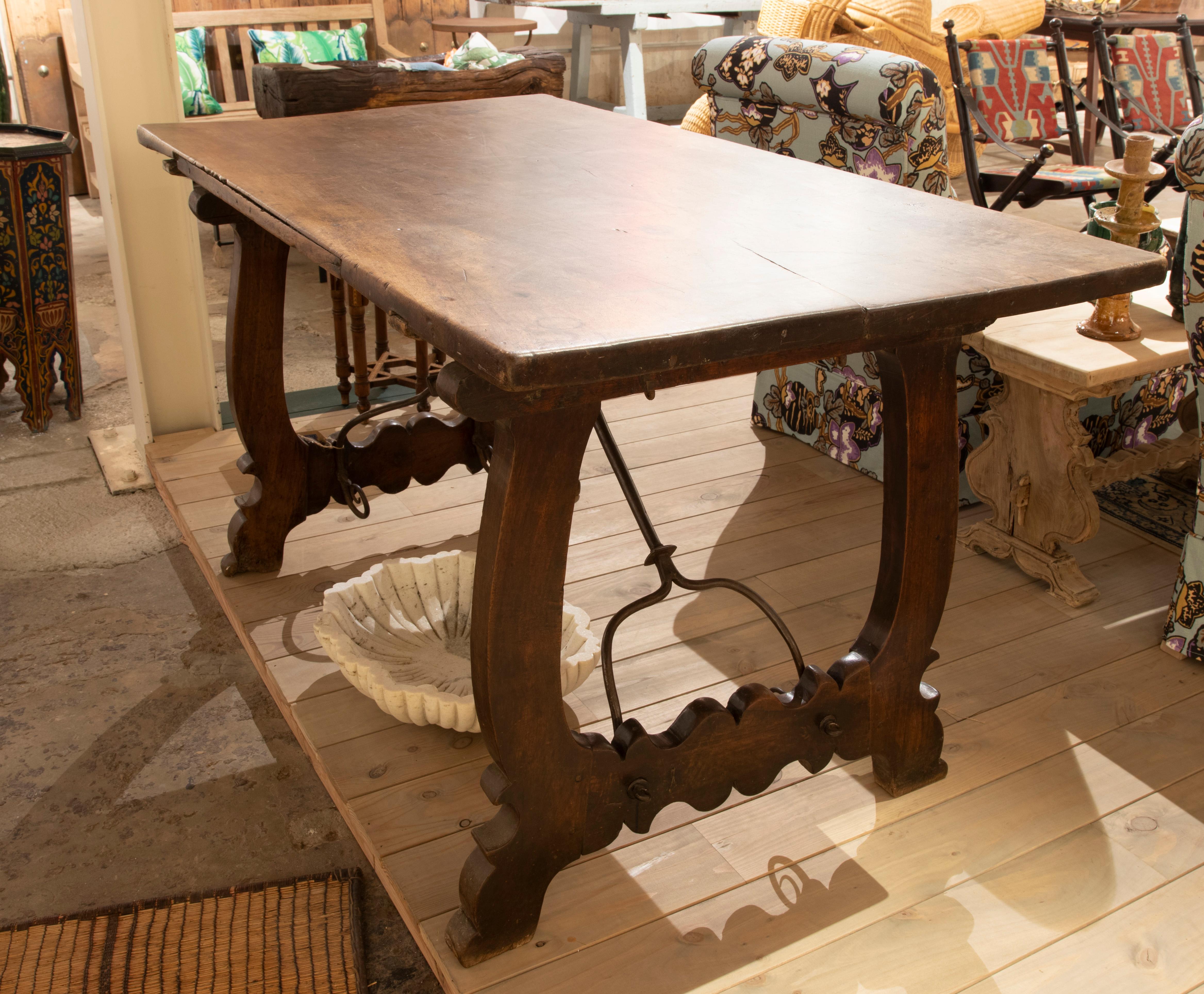 18th Century and Earlier 18th Century Spanish Table in Walnut with Lyre Legs Joined with Original Iron For Sale