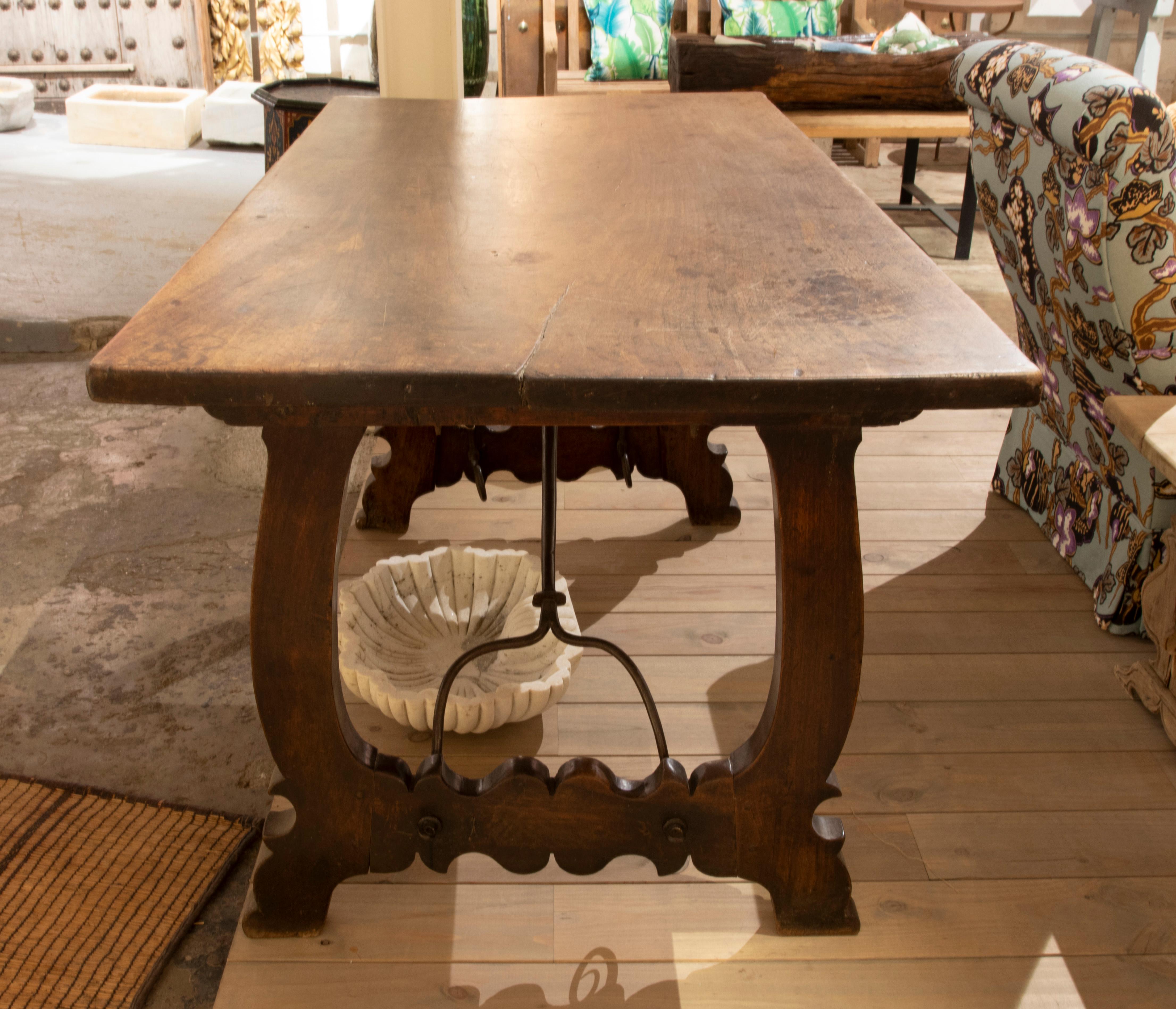Wood 18th Century Spanish Table in Walnut with Lyre Legs Joined with Original Iron For Sale