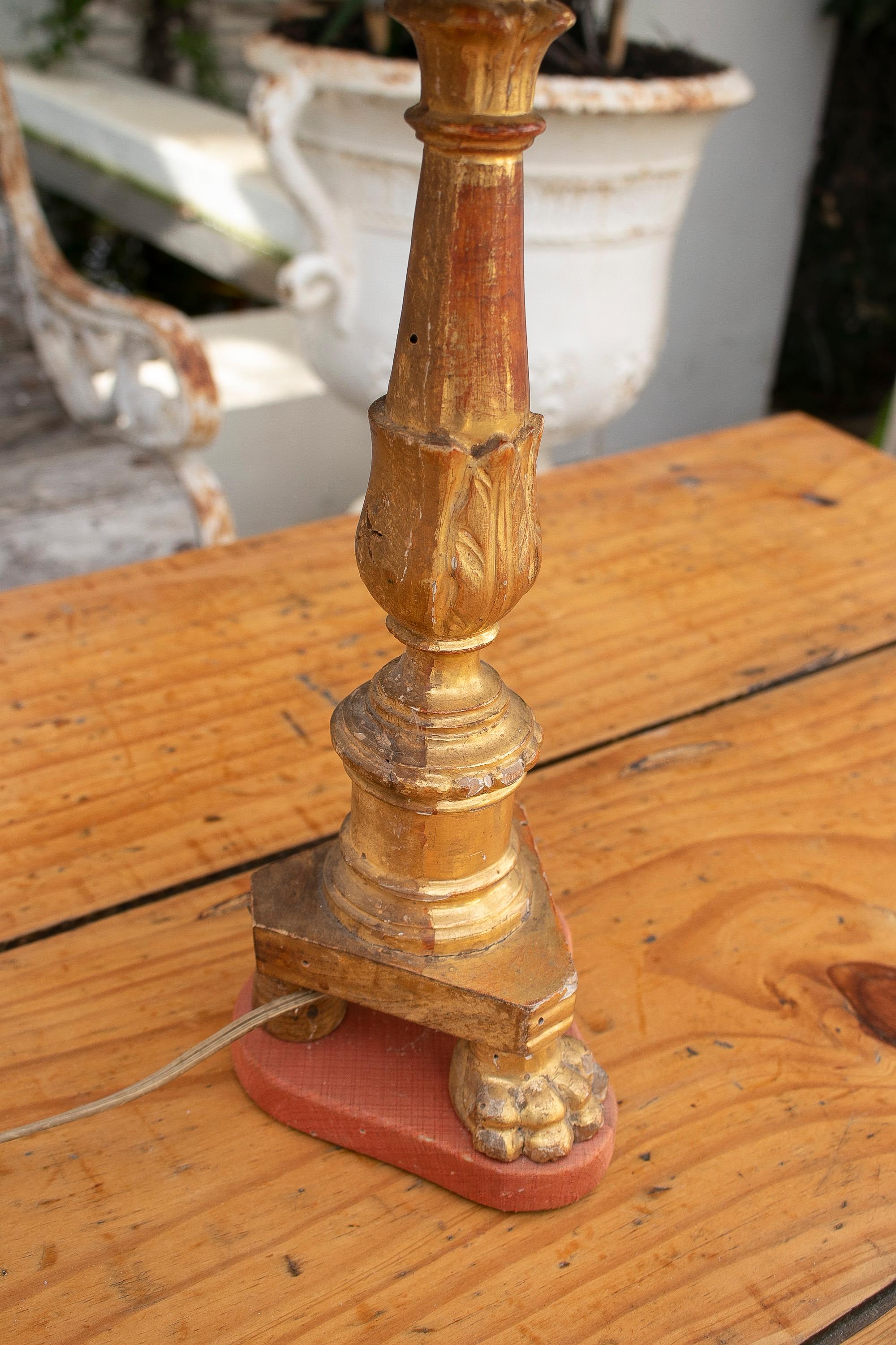 Gold Leaf 18th Century Spanish Table Lamp with Gilded Candel Holder and Claw Feet For Sale