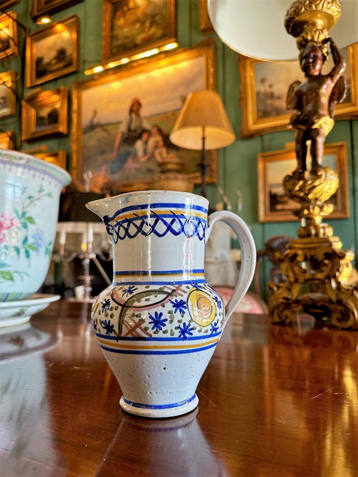 18th century Spanish Talavera De La Reina Pitcher Jar Bucaro Botijo Centerpiece Rustic. A beautiful 18th-early glazed ceramic pitcher jar made in Talavera de la Reina, Spain known for its ceramic tradition since the Roman times. Also called 
