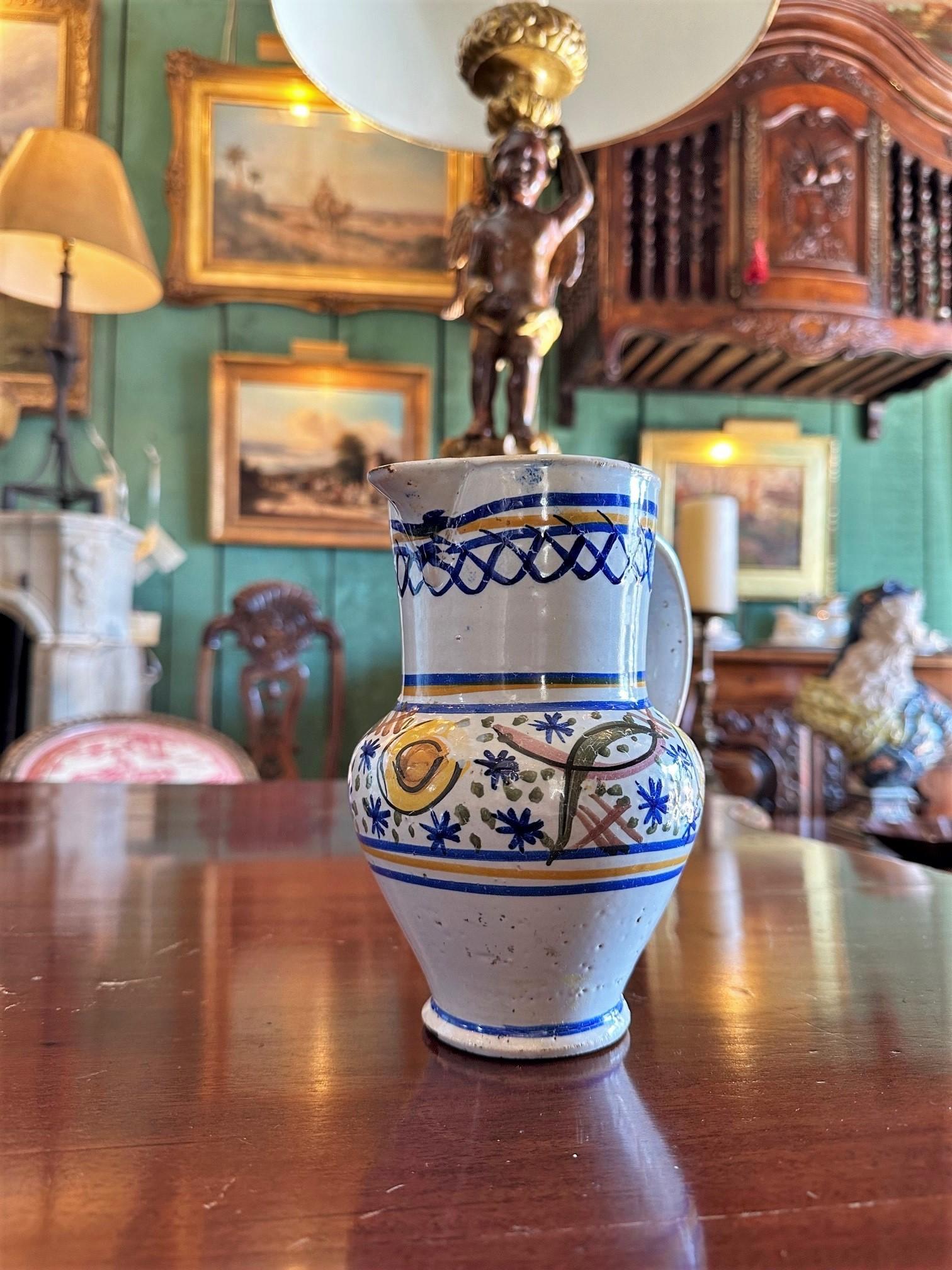 Glazed 18th Century Spanish Talavera De La Reina Pitcher Jar Bucaro Botijo Antiques LA For Sale