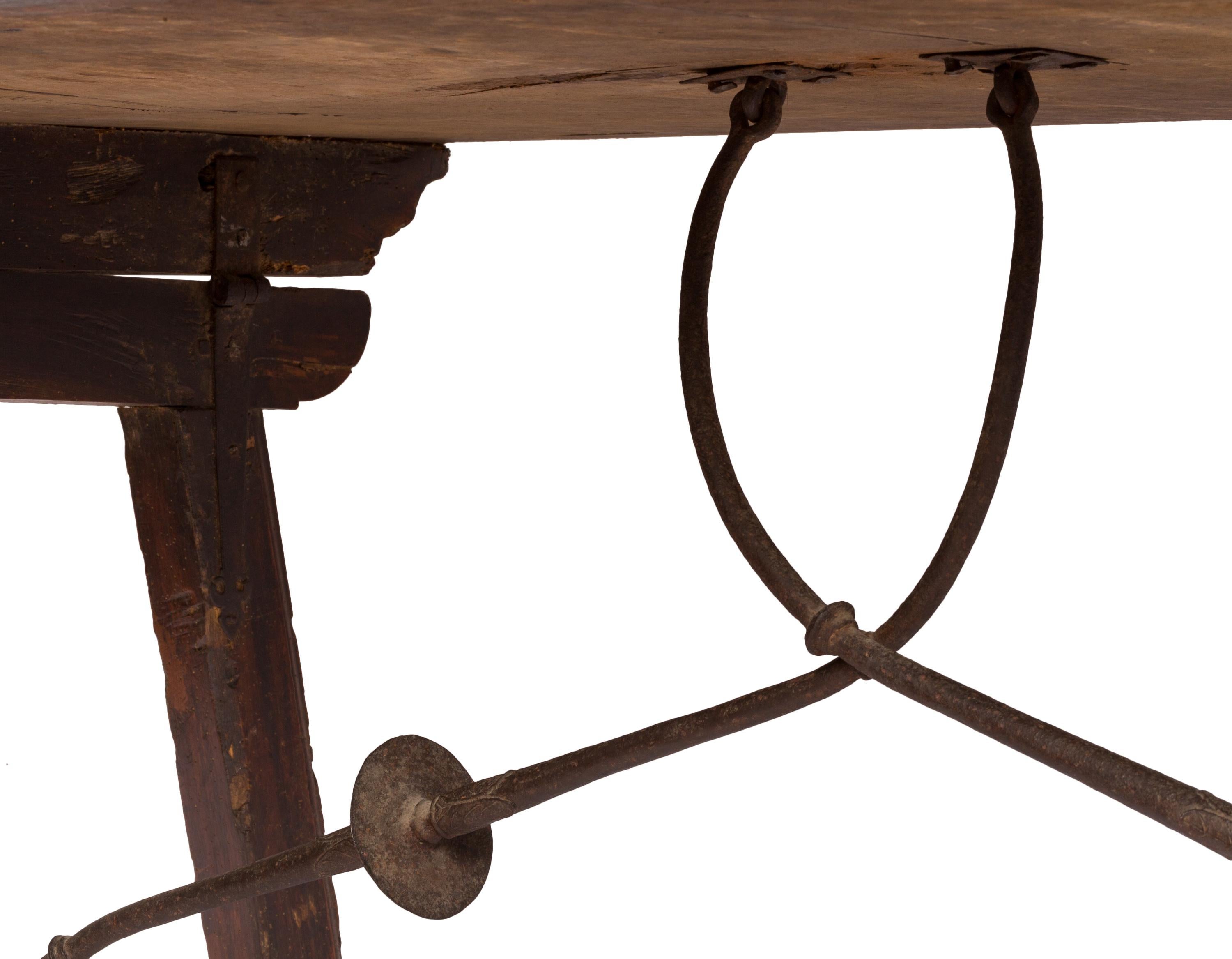 18th Century Spanish Trestle Style Writing Table, Rich Wood Grain, Iron Hardware For Sale 3