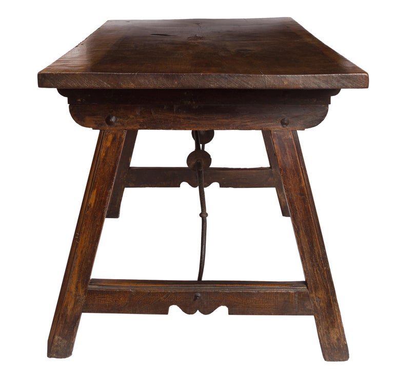Rustic 18th Century Spanish Trestle Style Writing Table, Rich Wood Grain, Iron Hardware For Sale
