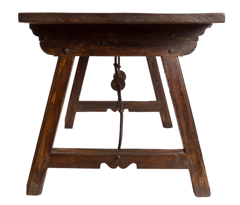 Hand-Crafted 18th Century Spanish Trestle Style Writing Table, Rich Wood Grain, Iron Hardware For Sale