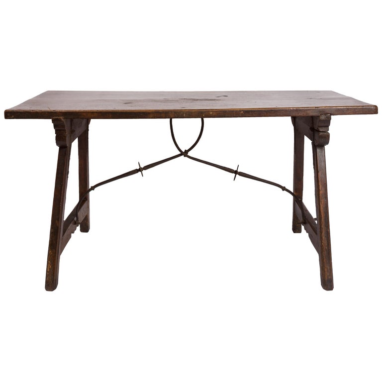 18th Century Spanish Trestle Style Writing Table, Rich Wood Grain, Iron Hardware For Sale