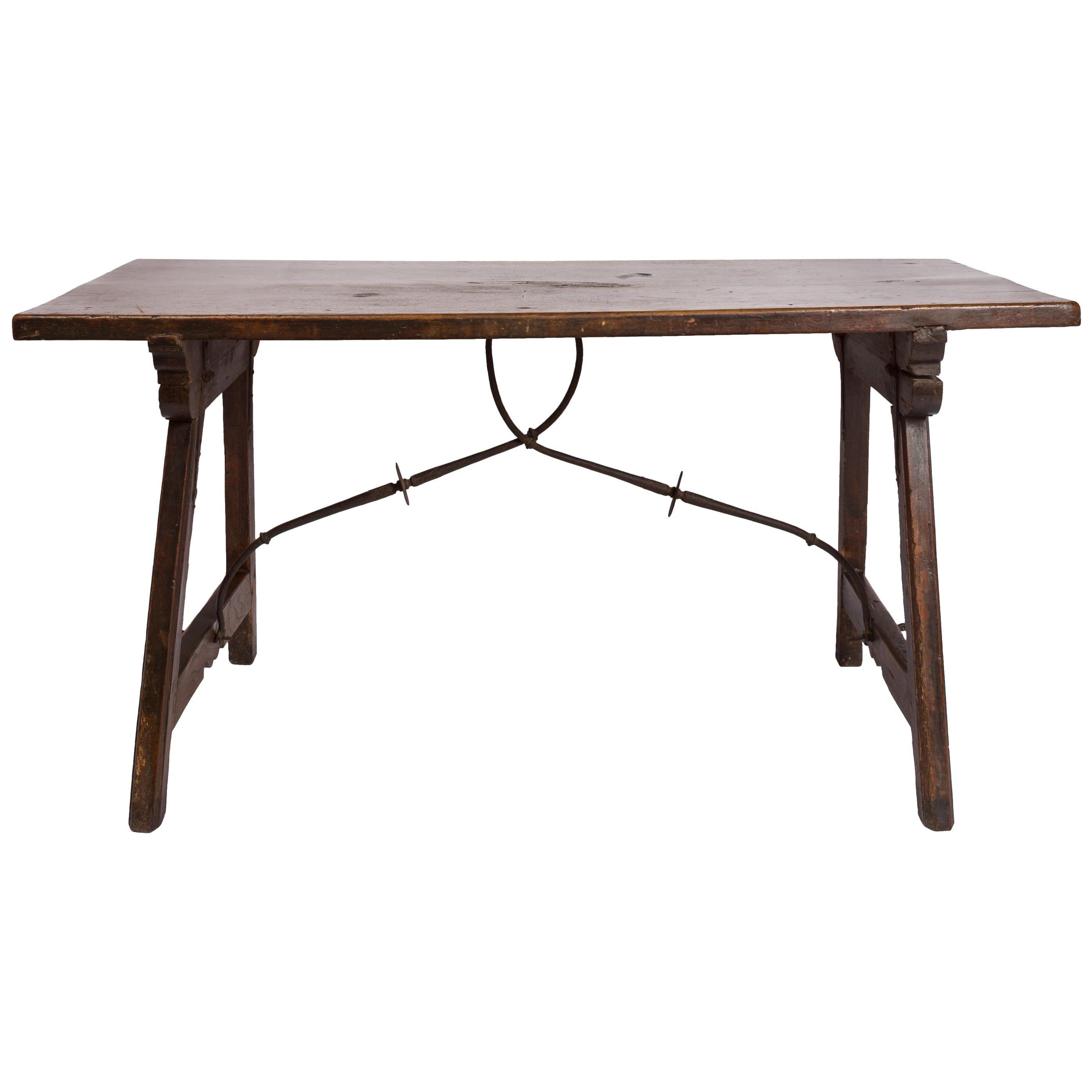 18th Century Spanish Trestle Style Writing Table, Rich Wood Grain, Iron Hardware