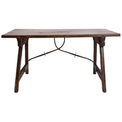 18th Century Spanish Trestle Style Writing Table, Rich Wood Grain, Iron Hardware