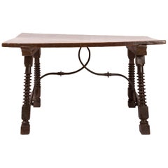 18th Century Spanish Trestle Style Writing Table, Turned Legs, Wrought Iron