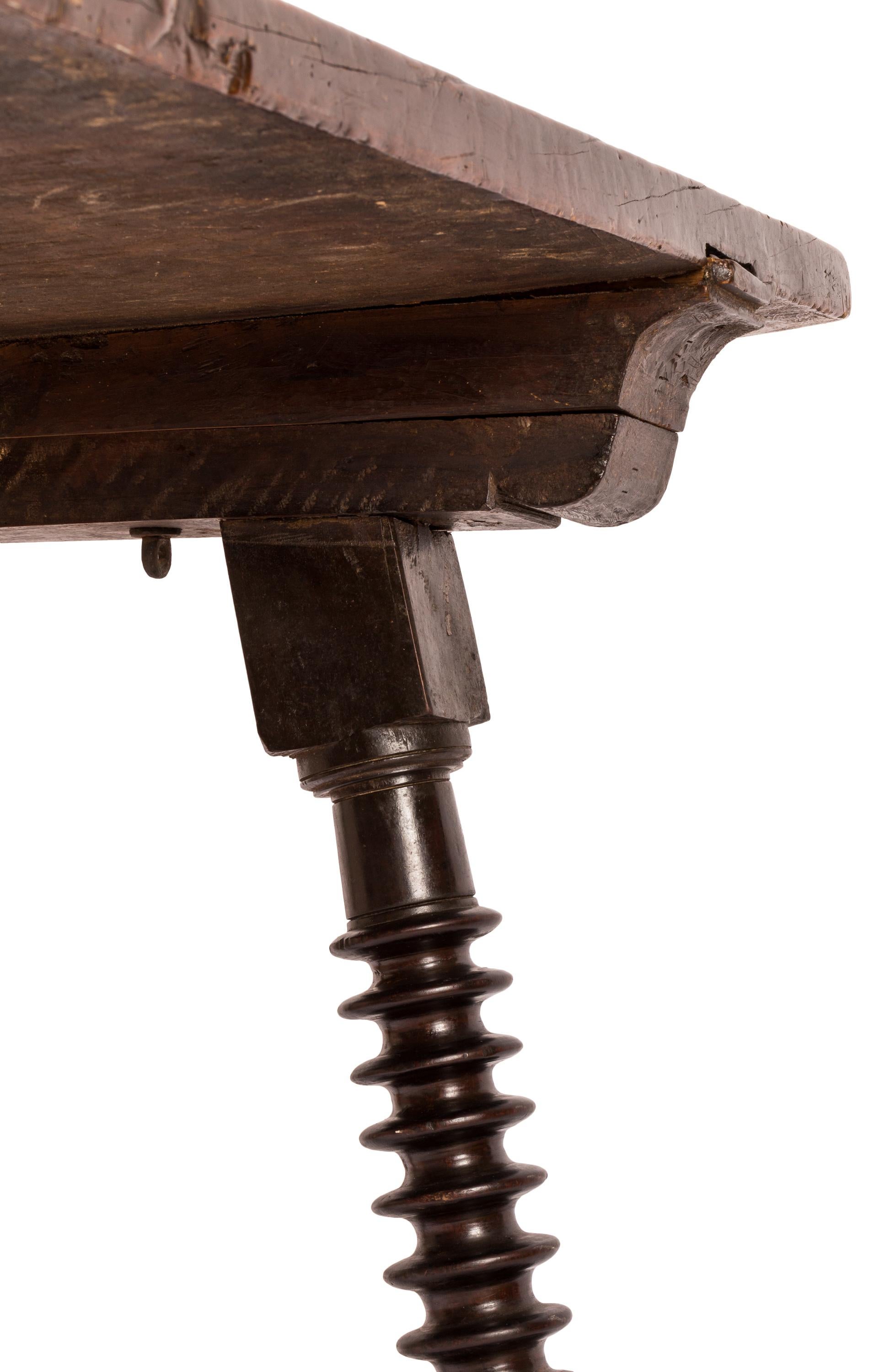 18th C. Spanish Trestle Style Writing Table, Spool Turned Legs and Wrought Iron For Sale 1