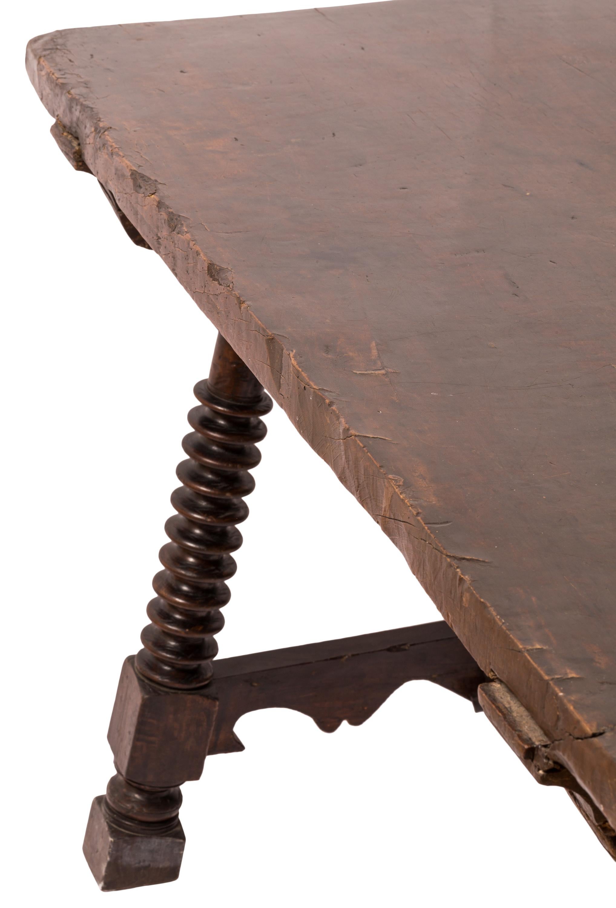 18th C. Spanish Trestle Style Writing Table, Spool Turned Legs and Wrought Iron For Sale 3