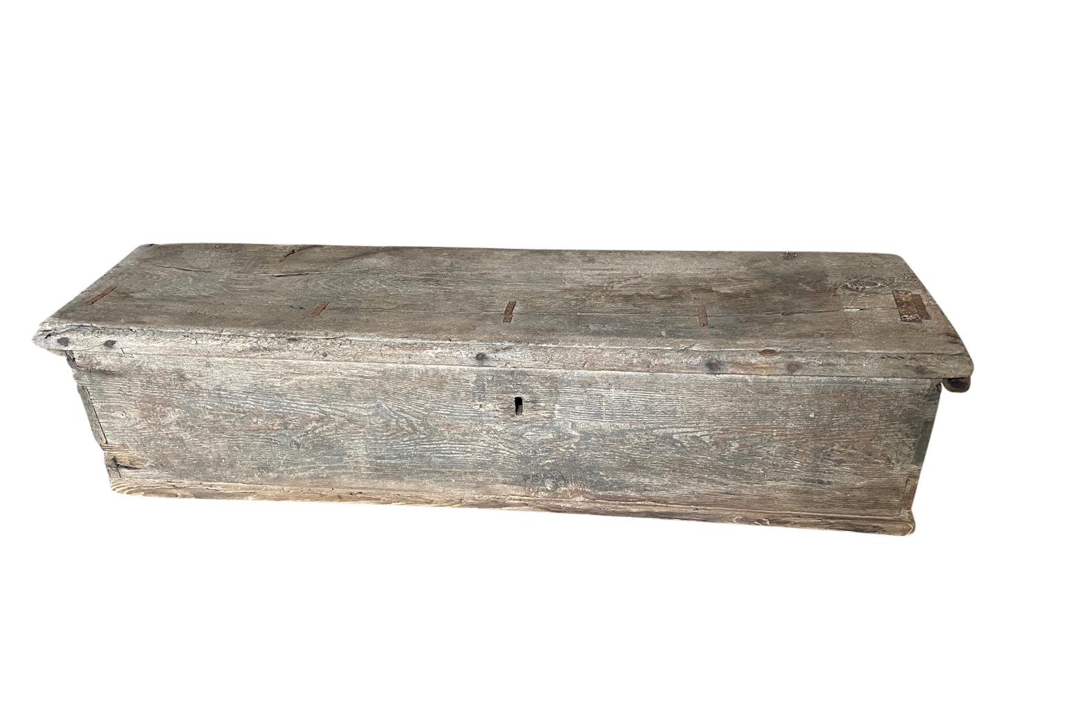 A very charming 18th Century Coffre - Trunk from the Catalan region of Spain. Soundly constructed from naturally washed pine with dovetail construction and iron strapping. Wonderful patina. Perfect at the foot of a bed or under a picture window.