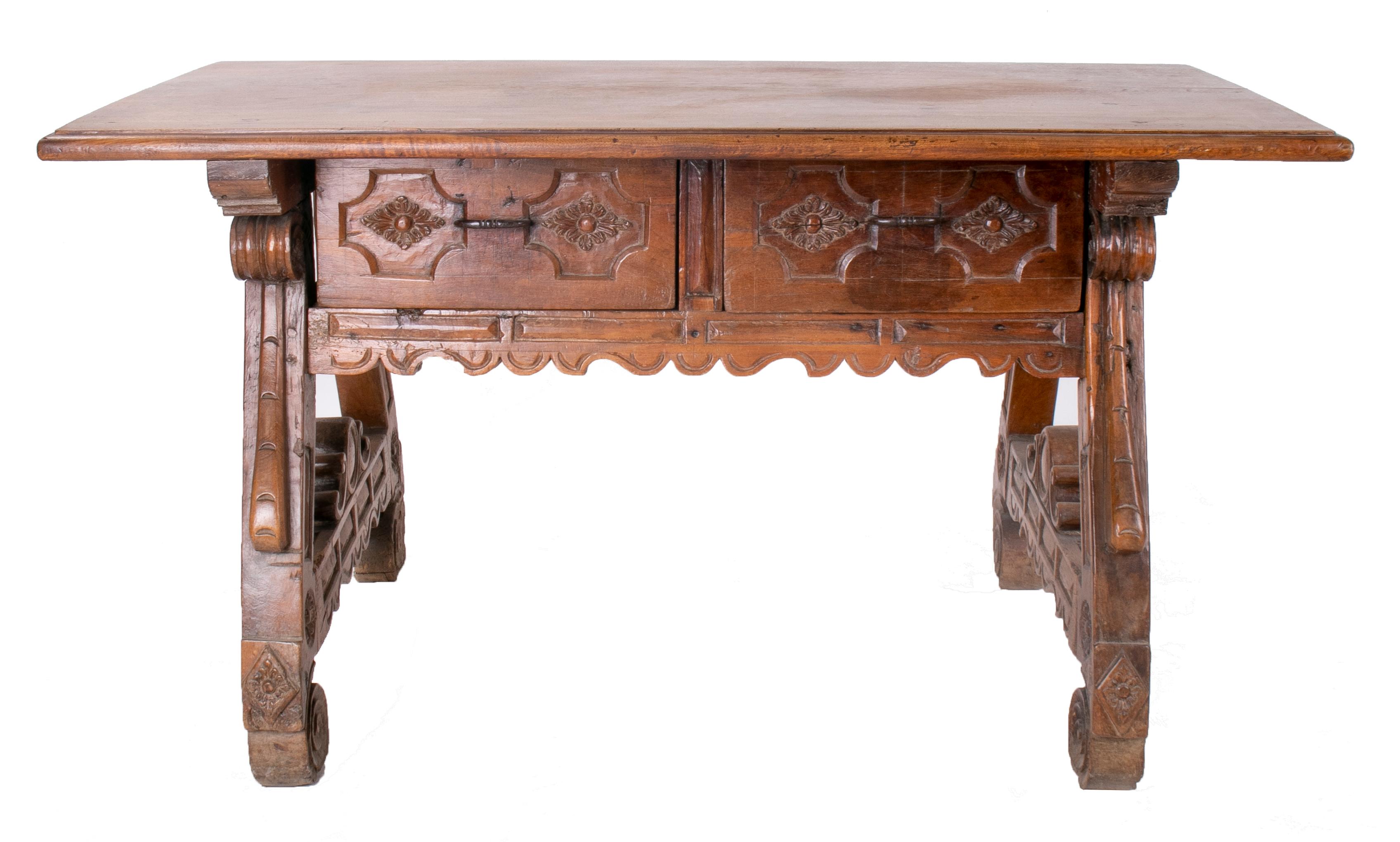 18th century Spanish two-drawer walnut table.