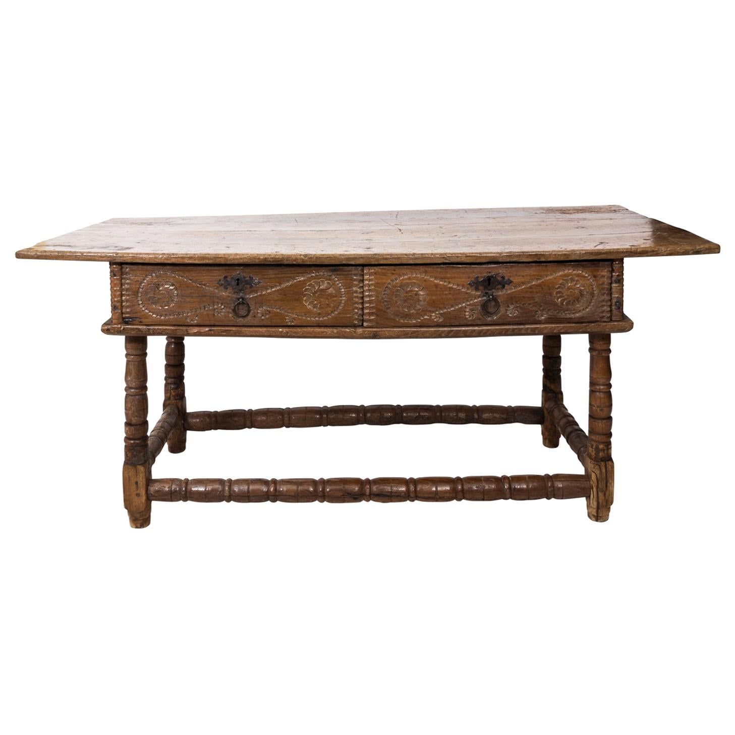 18th Century Spanish Two-Drawer Walnut Table For Sale