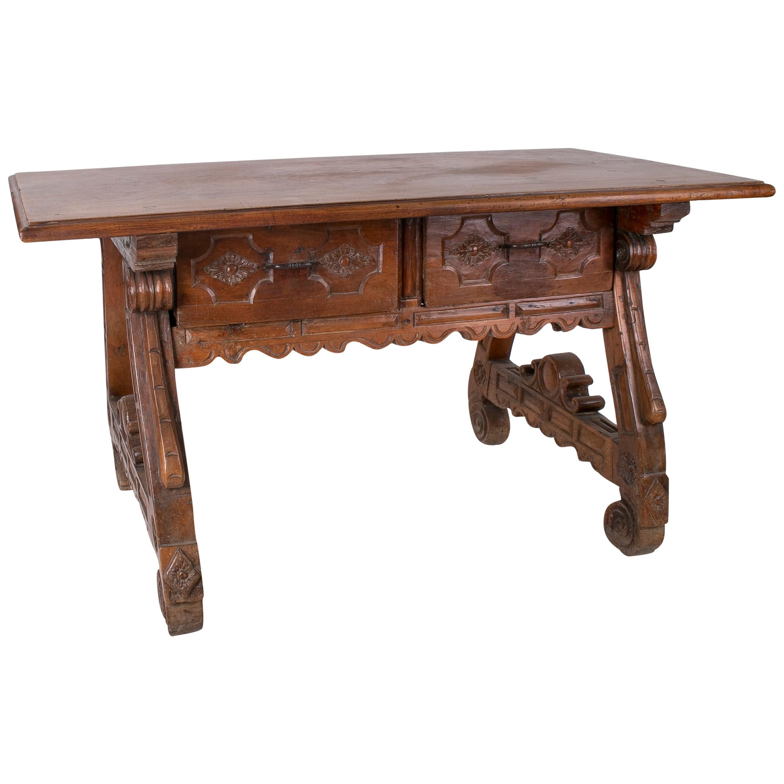 18th Century Spanish Two-Drawer Walnut Table