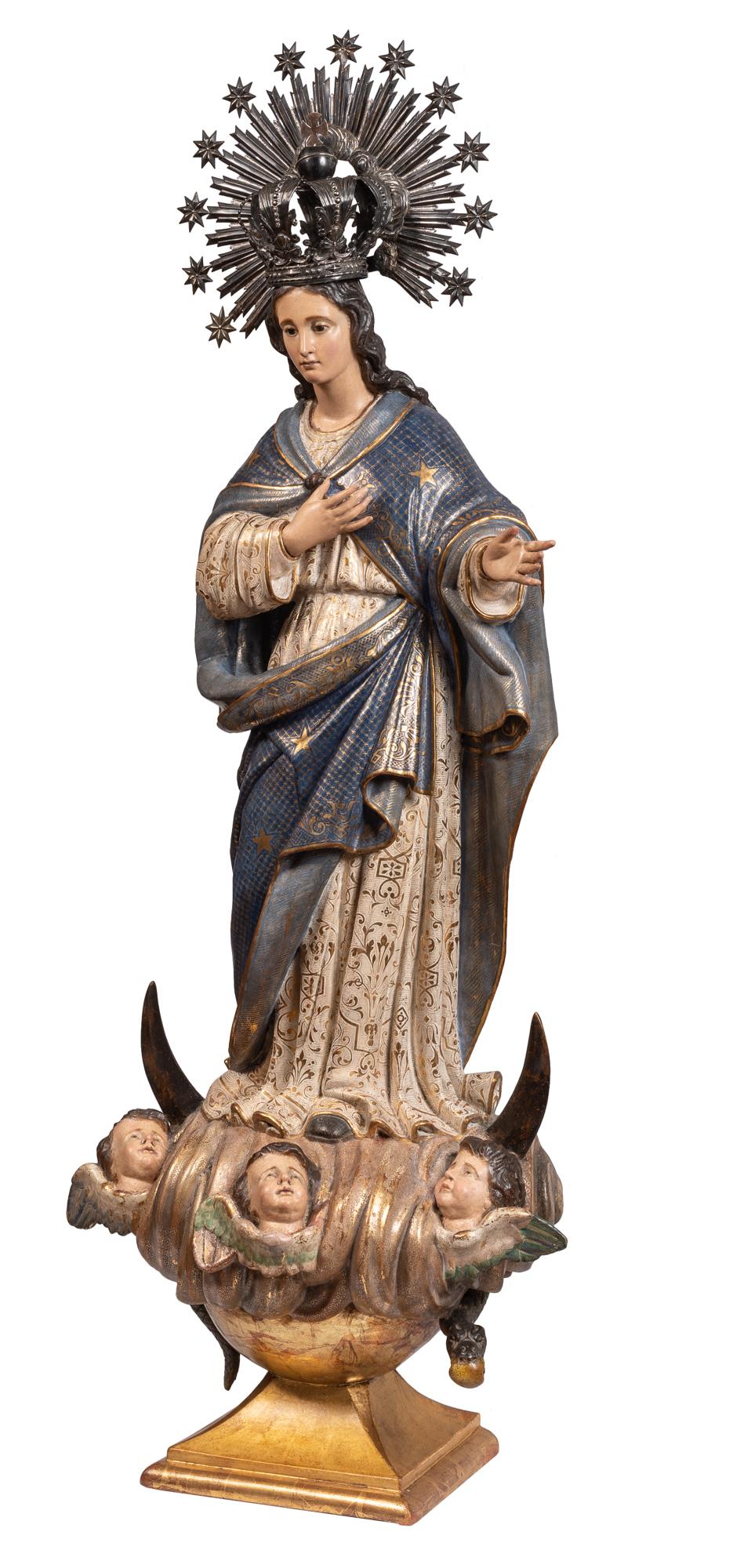 Handgefertigte Skulptur der spanischen Jungfrau Maria von makelloser Konception aus dem 18. Jahrhundert (Barock) im Angebot