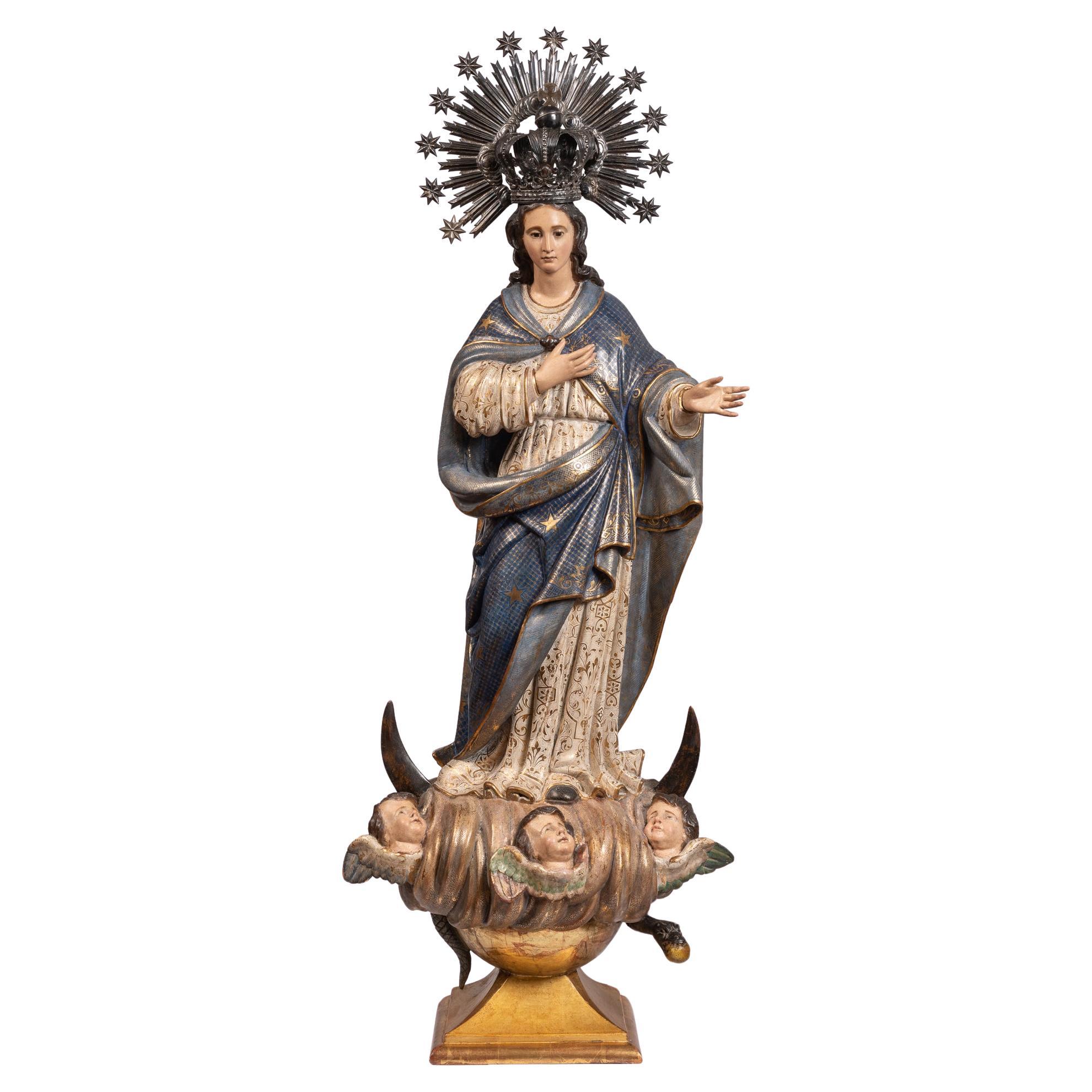 18th Century Spanish Virgin Mary of Immaculate Conception, Handcrafted Sculpture