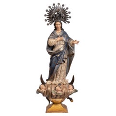 Handgefertigte Skulptur der spanischen Jungfrau Maria von makelloser Konception aus dem 18. Jahrhundert
