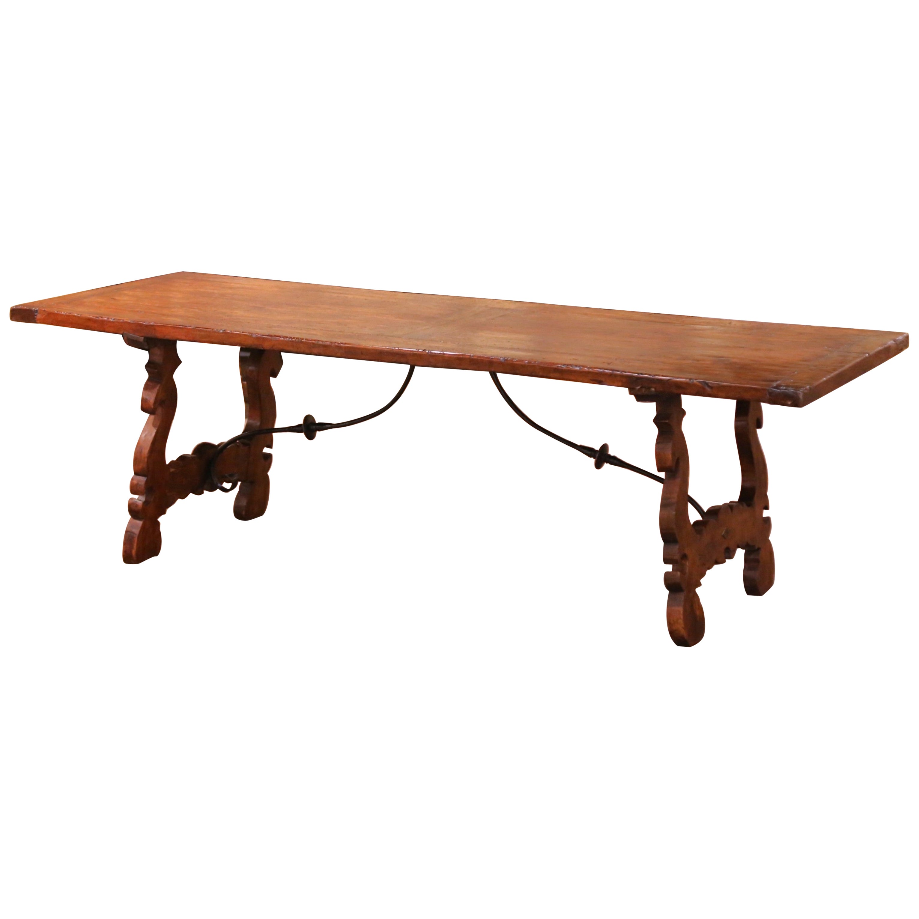 19th C. Spanish Baroque Walnut Refectory Table with Iron Stretcher