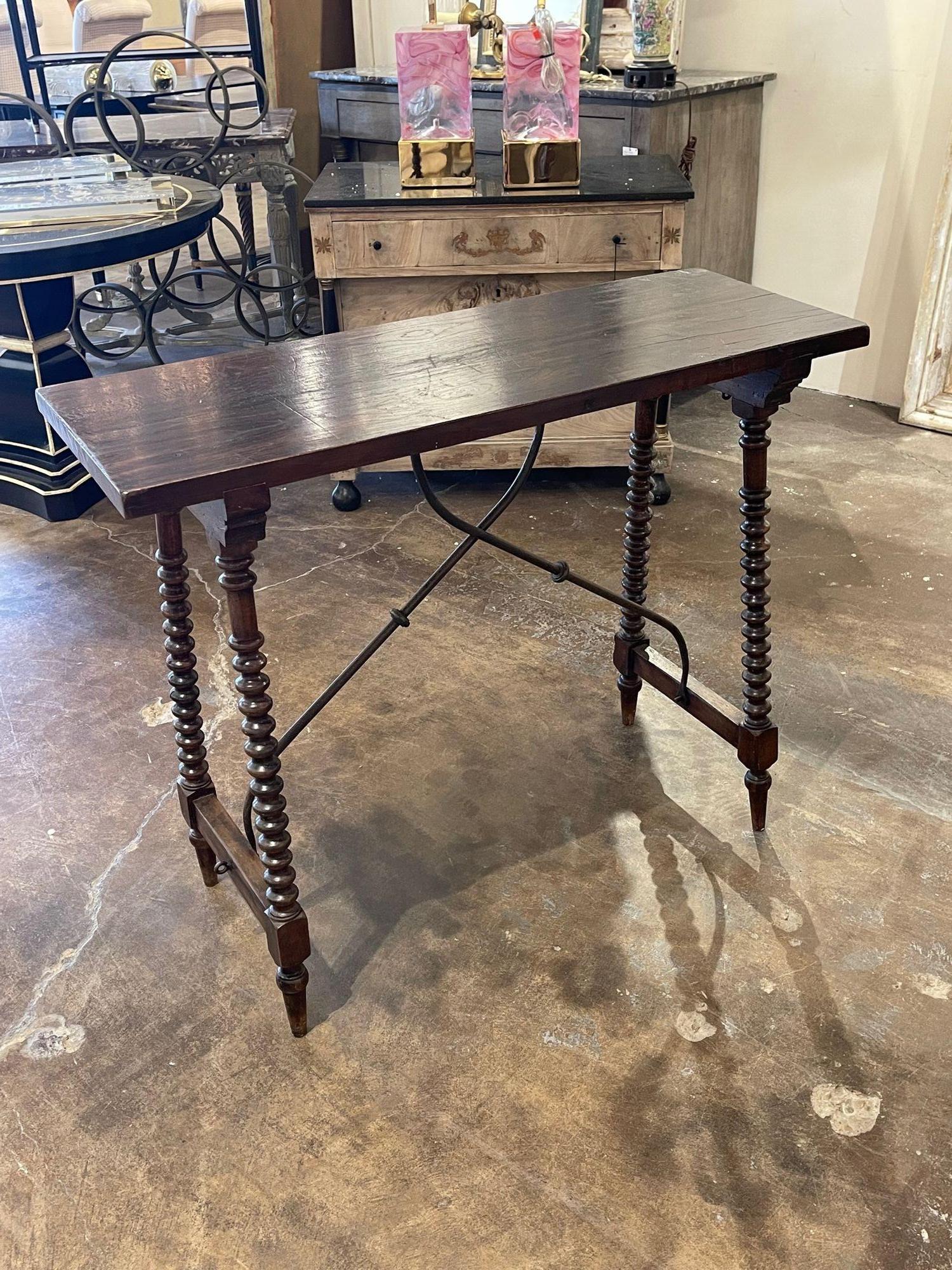 Handsome 18th century Spanish walnut and iron turned leg side table. A lovely accent piece! Wonderful for a study or library.