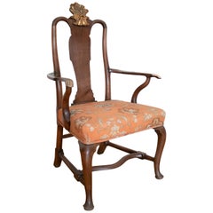 18th Century Spanish Walnut Armchair with Gilt Conch on Back