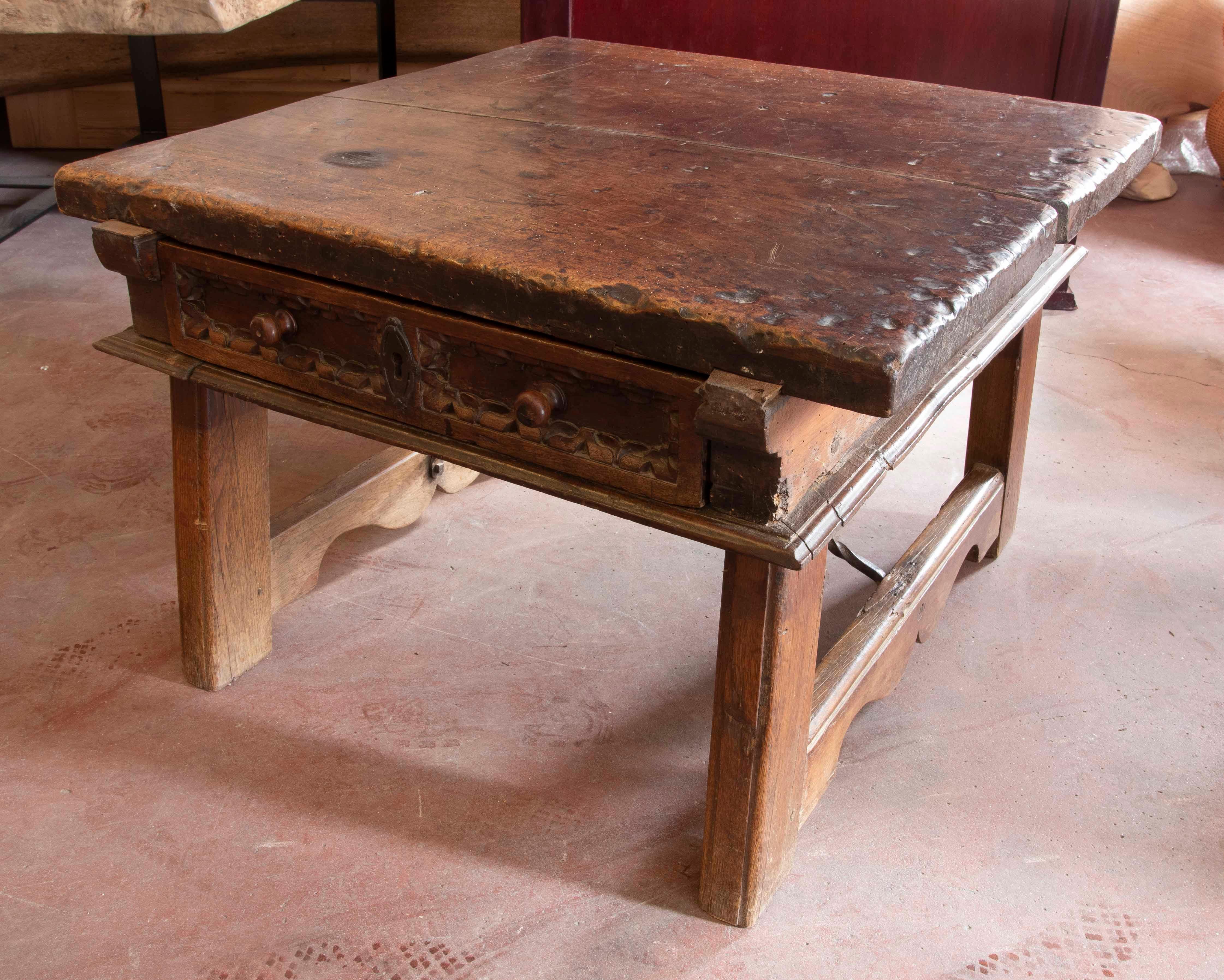 18th Century and Earlier 18th Century Spanish Walnut Coffee Table with Carved Drawer For Sale