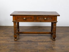 18th Century Spanish Walnut Console Table with Carved Drawers and Baluster Legs