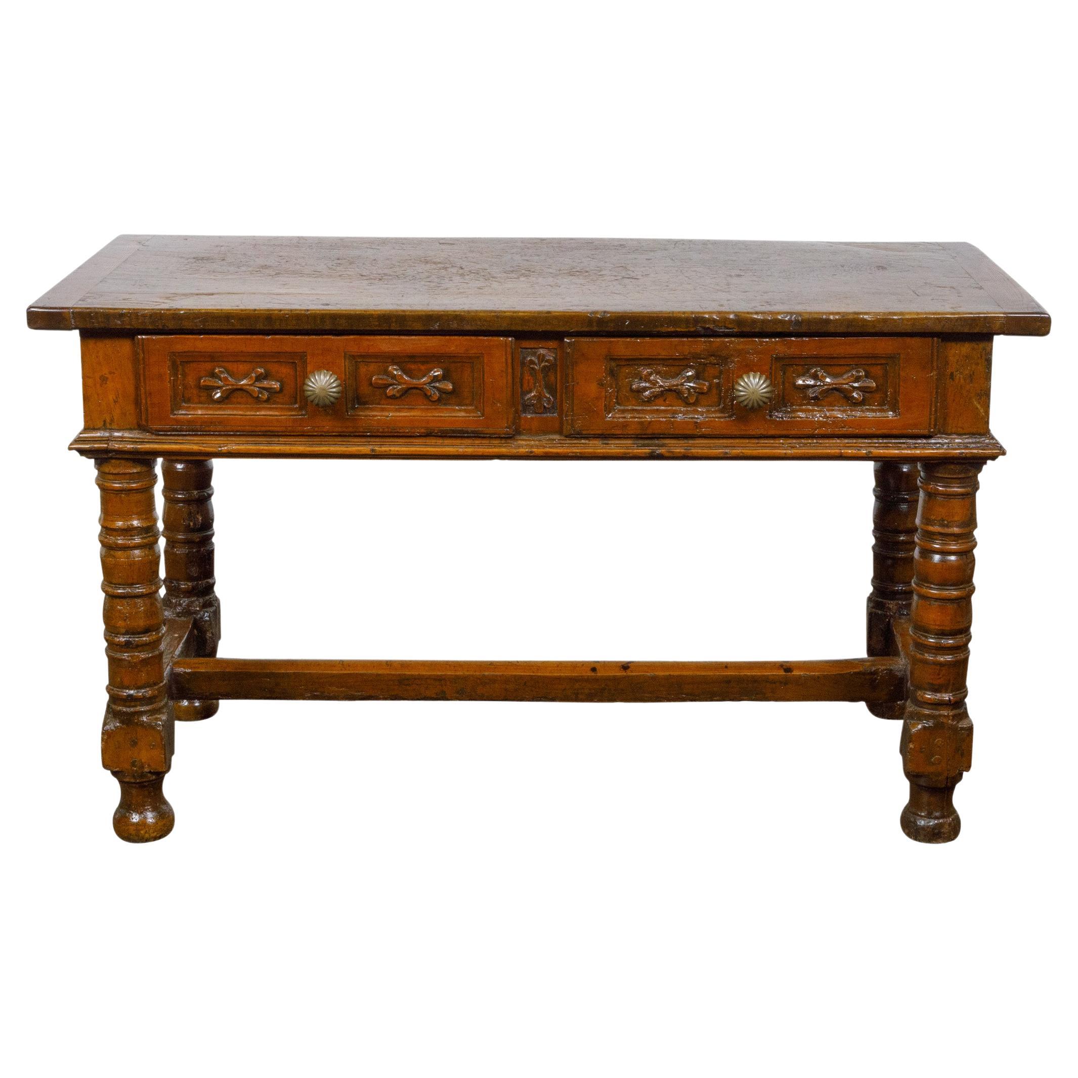 18th Century Spanish Walnut Console Table with Carved Drawers and Baluster Legs For Sale