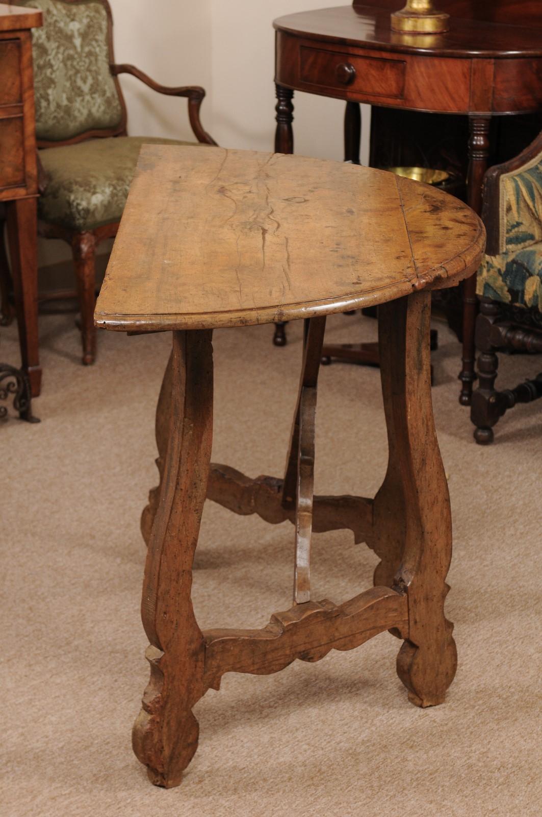 18th Century Spanish Walnut Demilune Table with Lyre Legs For Sale 7