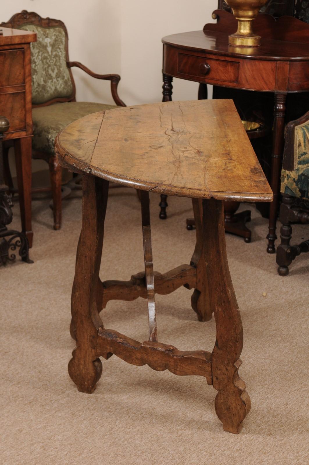 18th Century and Earlier 18th Century Spanish Walnut Demilune Table with Lyre Legs For Sale