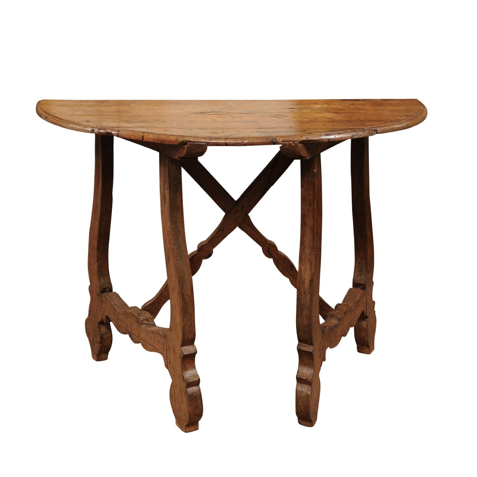 18th Century Spanish Walnut Demilune Table with Lyre Legs For Sale