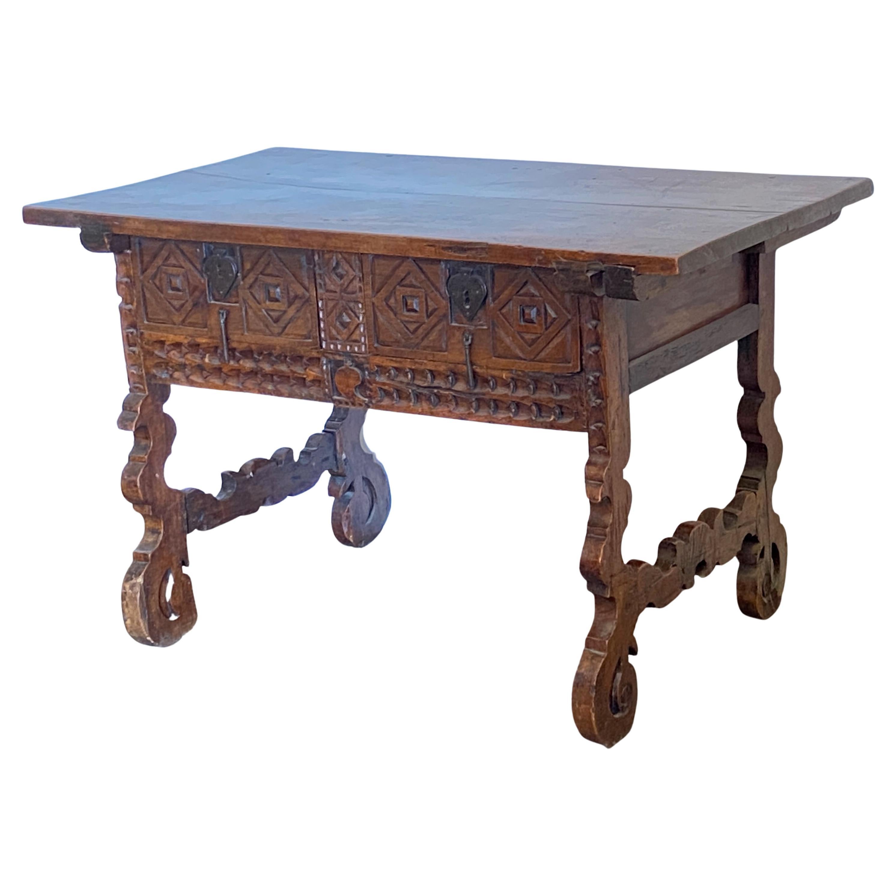 18th Century Spanish Walnut Lyre Table For Sale