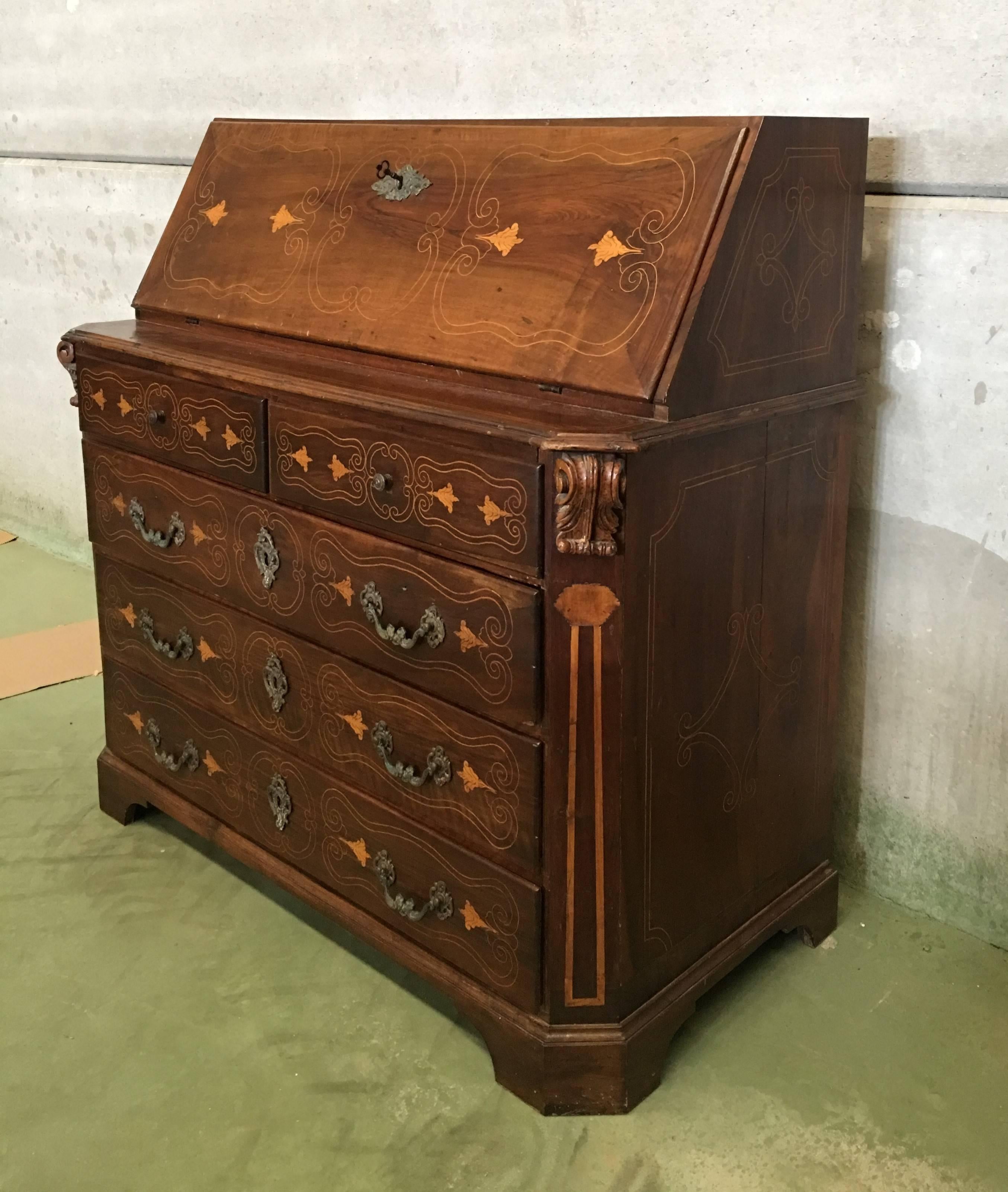 Spanish Colonial 18th Century Spanish Walnut Marquetry, Chest of Drawers with Flap For Sale